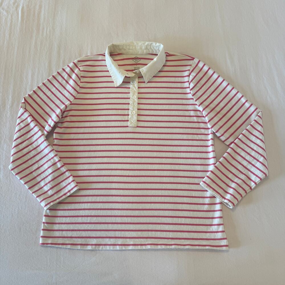 St.John’s Bay Long Sleeve Polo Shirt. Women’s Large. Pink & Cream.